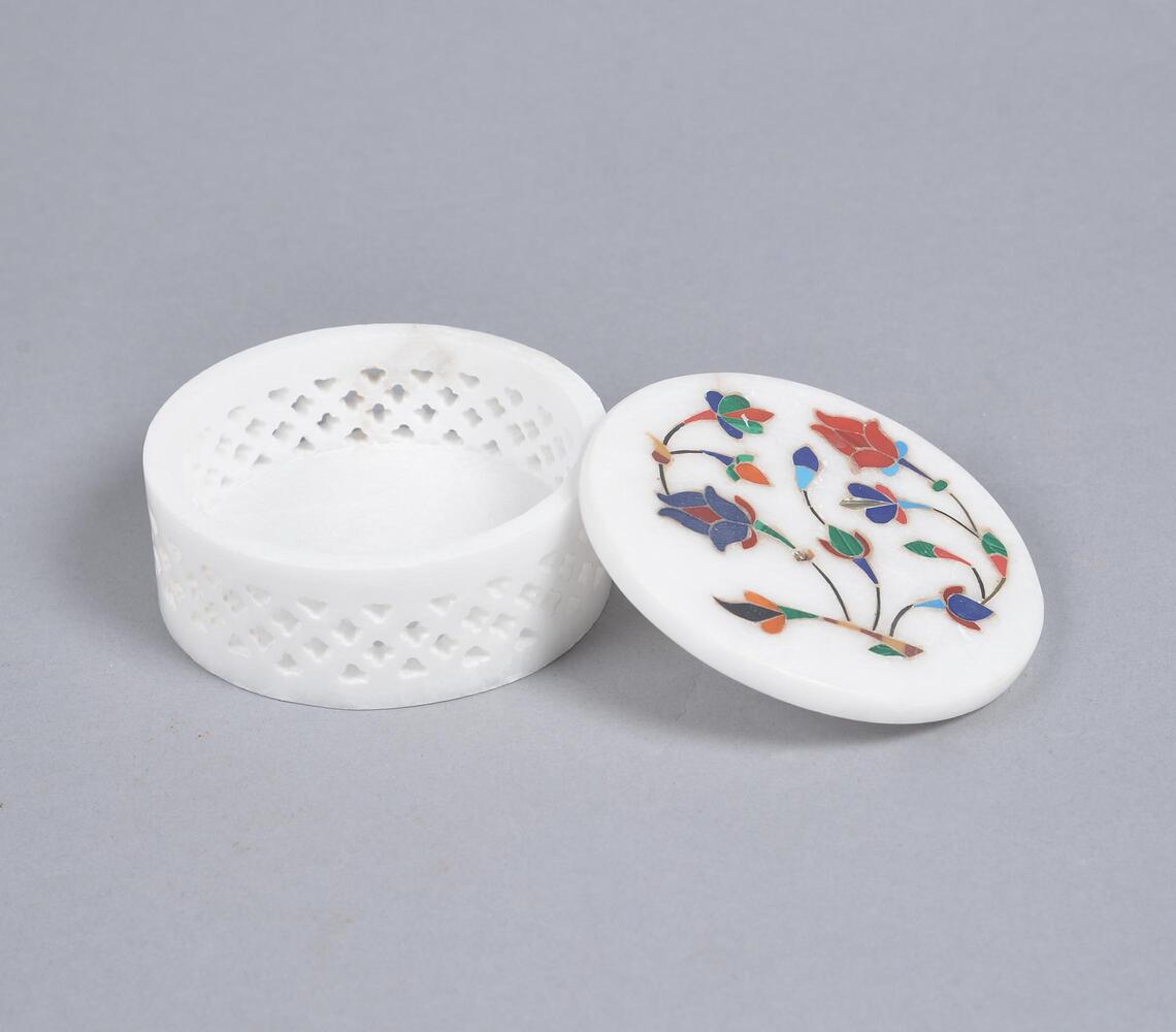 Inlaid Semi-Precious Stone & Lattice Cut Marble Jewelry Box Q1