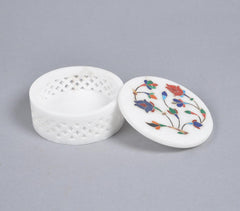 Inlaid Semi-Precious Stone & Lattice Cut Marble Jewelry Box Q1