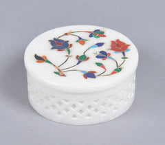 Inlaid Semi-Precious Stone & Lattice Cut Marble Jewelry Box Q1