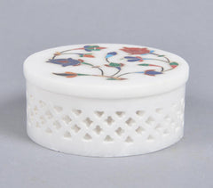 Inlaid Semi-Precious Stone & Lattice Cut Marble Jewelry Box Q1