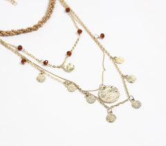 Woven Beads & Iron Shell-Charms Layered Necklace