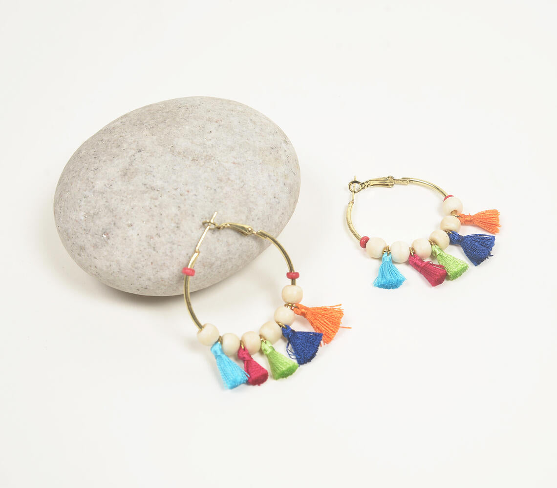 Gold-Toned Iron & Bone Beads Tasseled Huggie Earrings