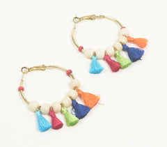 Gold-Toned Iron & Bone Beads Tasseled Huggie Earrings