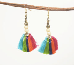 Gold-Toned Iron & Bone Beads Tasseled Dangle Earrings Q1