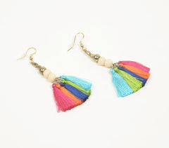 Gold-Toned Iron & Bone Beads Tasseled Dangle Earrings Q1