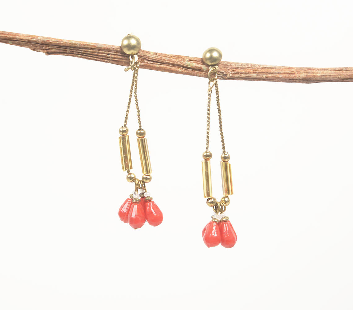 Gold-Toned Iron & Coral Glass Beads Drop Earrings