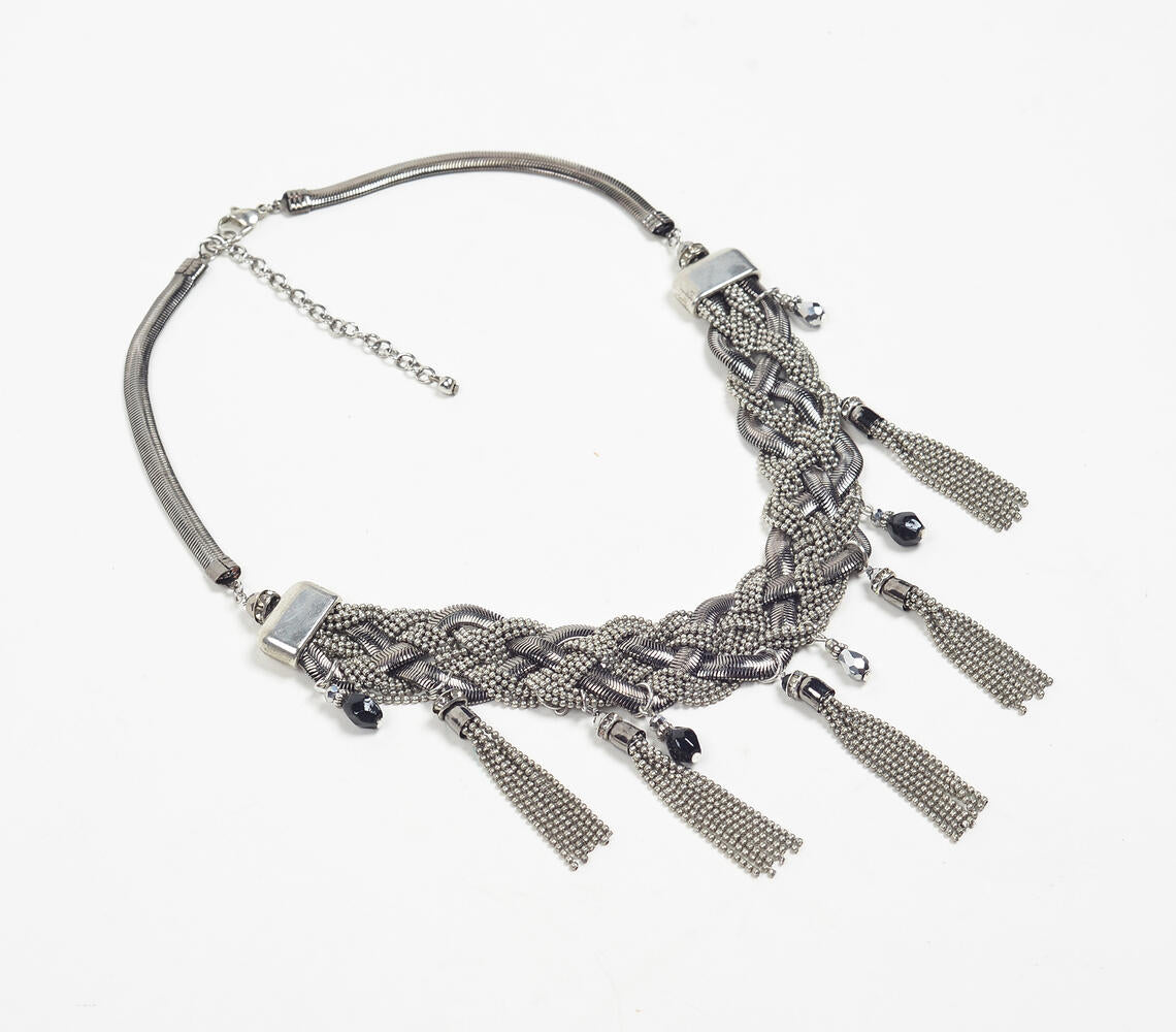 Silver-Toned Iron Braided Bib Necklace with Extension Chain