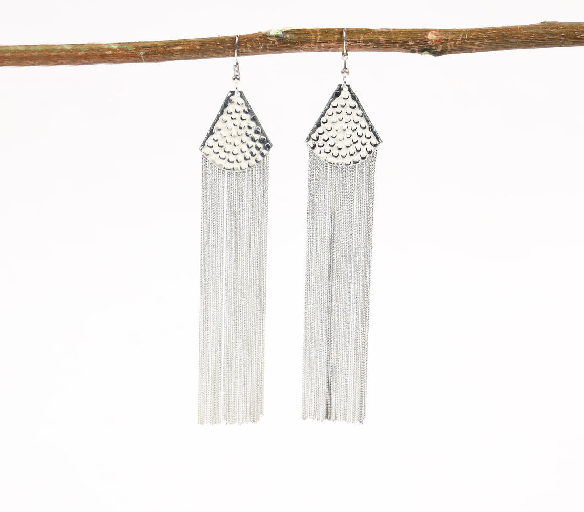 Hammered Silver-Toned Metal Shoulder-Duster Earrings