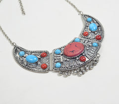 Silver-Toned Engraved Studded Necklace with Extension Chain