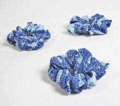 Indigo Paisley Block Printed Scrunchie hair ties (set of 3)