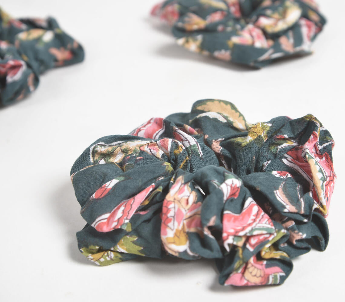 Midnight Floral Block Printed Scrunchie hair ties (set of 3)