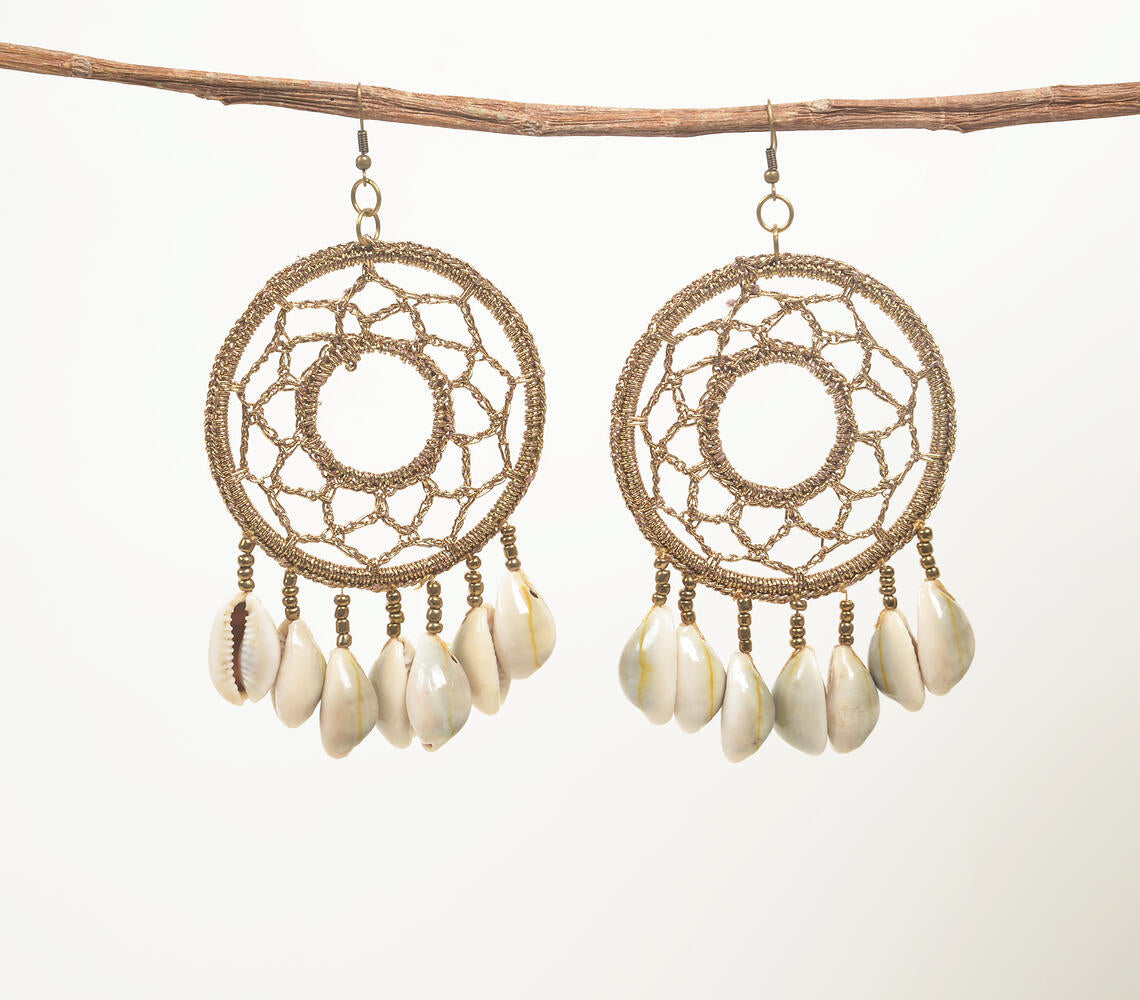 Shell & Thread Dreamcatcher Dangle Earrings
