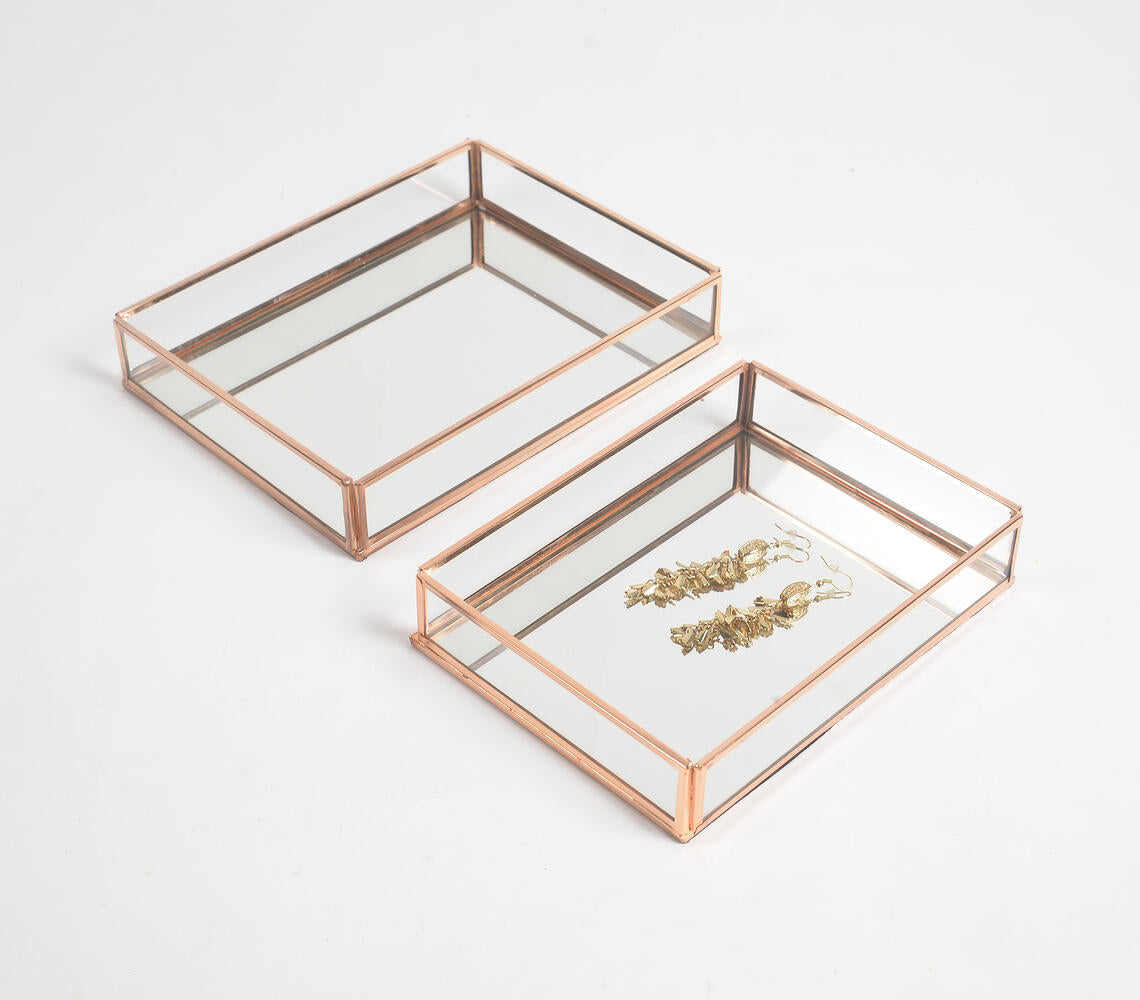 Minimal Rose-gold Metal & Glass Vanity Trays with Mirror Base (set of 2)