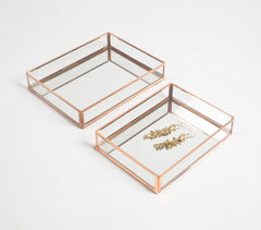 Minimal Rose-gold Metal & Glass Vanity Trays with Mirror Base (set of 2)