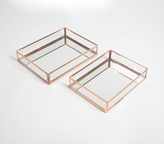 Minimal Rose-gold Metal & Glass Vanity Trays with Mirror Base (set of 2)