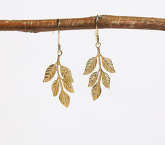 Gold-Toned Recycled Brass Leaf Branch Dangle Earrings