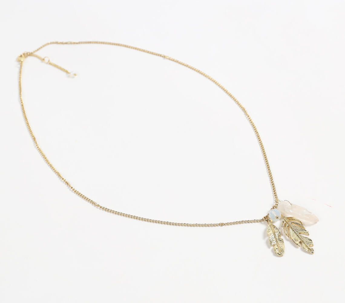 Glass Crystal & Metallic Feather Necklace