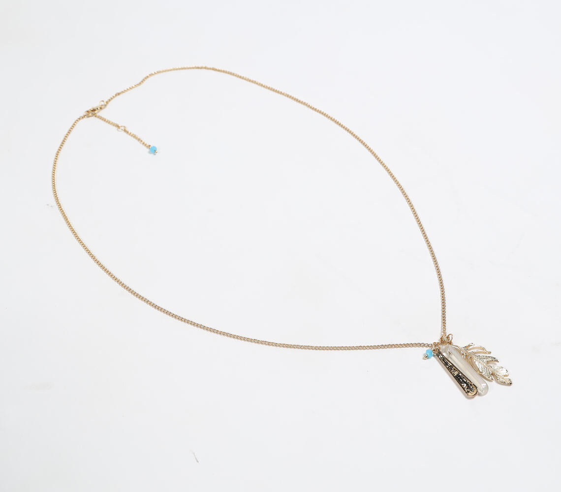 Glass Crystal & Metallic Feather Charm Necklace