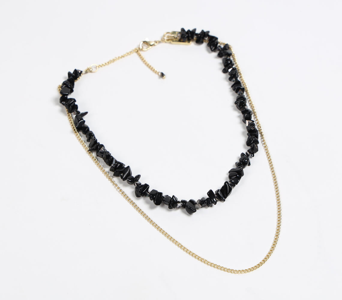 Recycled Brass & Black Gemstone-Chips Layered Necklace