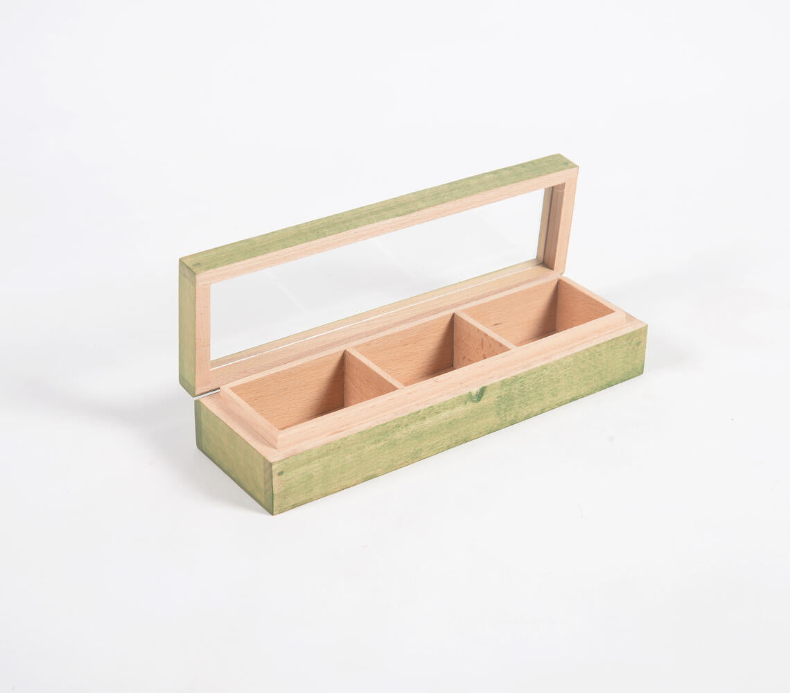 Hand Cut Steam Beech Wood Green Utility Box - 3 Compartments