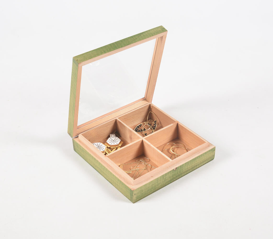Hand Cut Steam Beech Wood Green Jewelry Box - 4 Compartments