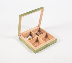 Hand Cut Steam Beech Wood Green Jewelry Box - 4 Compartments
