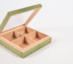 Hand Cut Steam Beech Wood Green Jewelry Box - 4 Compartments