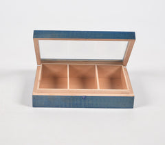 Hand Cut Steam Beech Wood Blue Jewelry Box - 3 Compartments