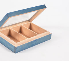 Hand Cut Steam Beech Wood Blue Jewelry Box - 3 Compartments