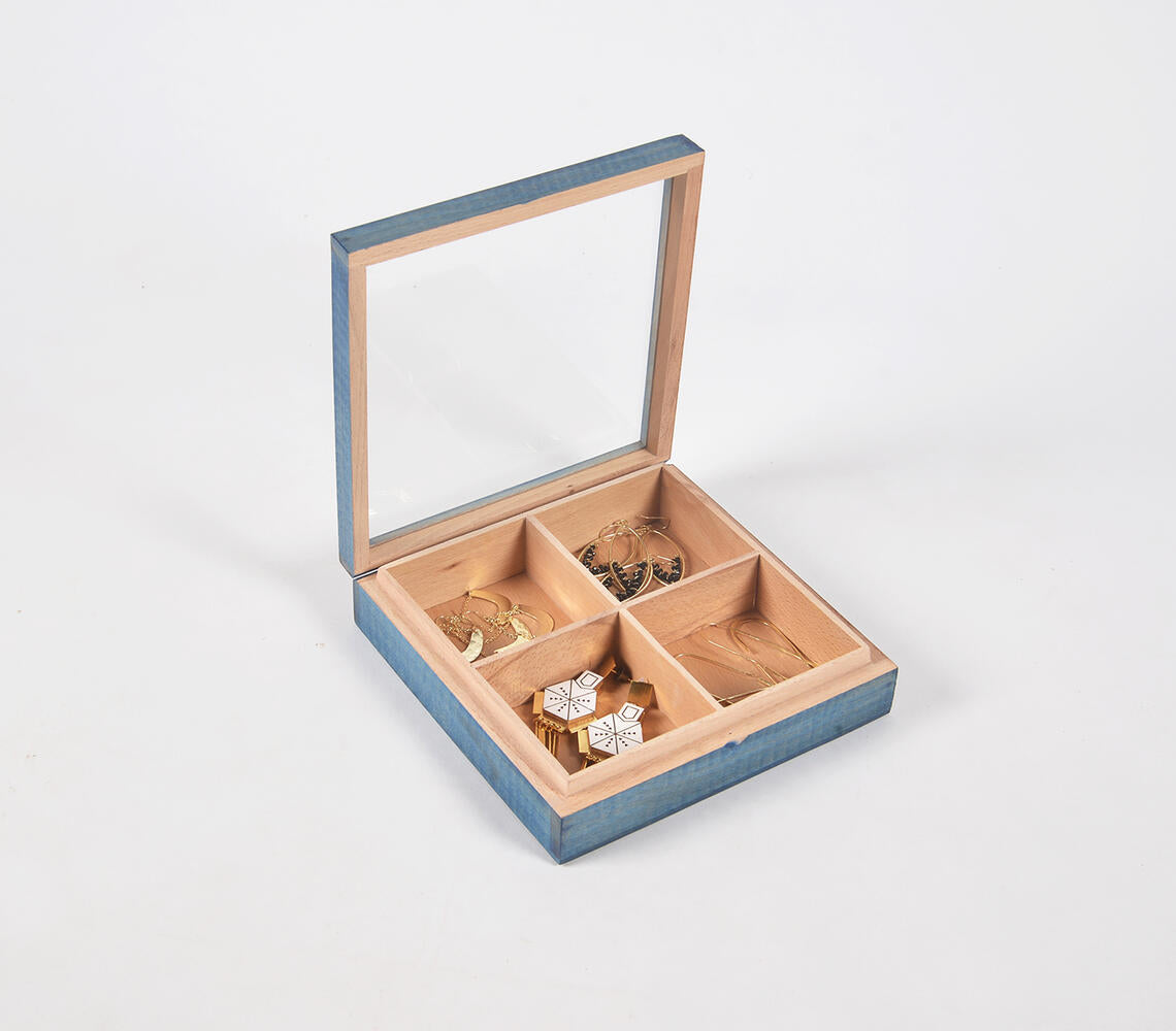 Hand Cut Steam Beech Wood Blue Jewelry Box - 4 Compartments