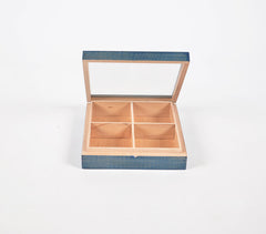 Hand Cut Steam Beech Wood Blue Jewelry Box - 4 Compartments