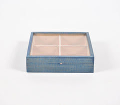 Hand Cut Steam Beech Wood Blue Jewelry Box - 4 Compartments