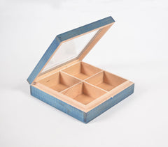 Hand Cut Steam Beech Wood Blue Jewelry Box - 4 Compartments