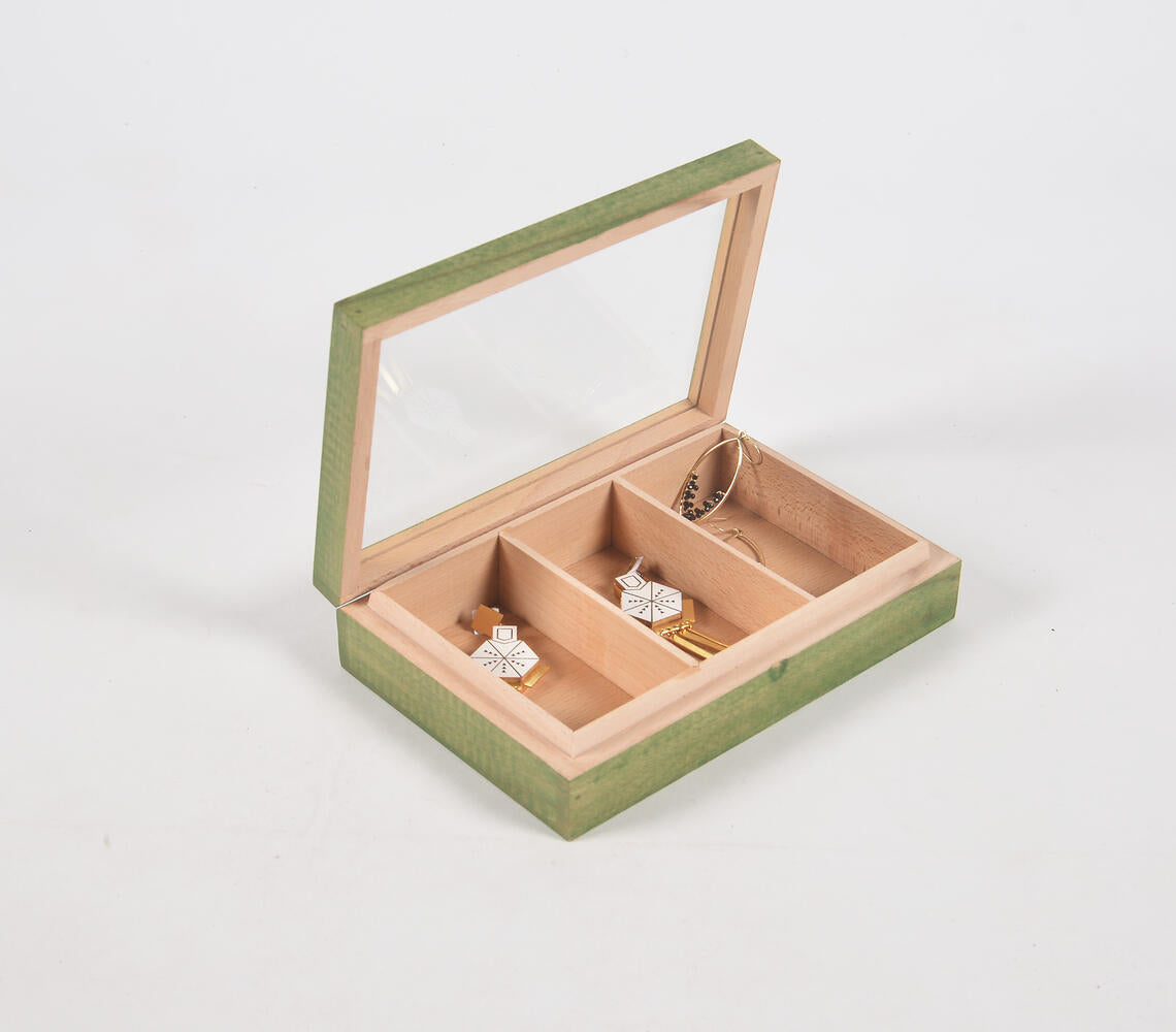 Hand Cut Steam Beech Wood Green Jewelry Box - 3 Compartments