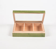 Hand Cut Steam Beech Wood Green Jewelry Box - 3 Compartments
