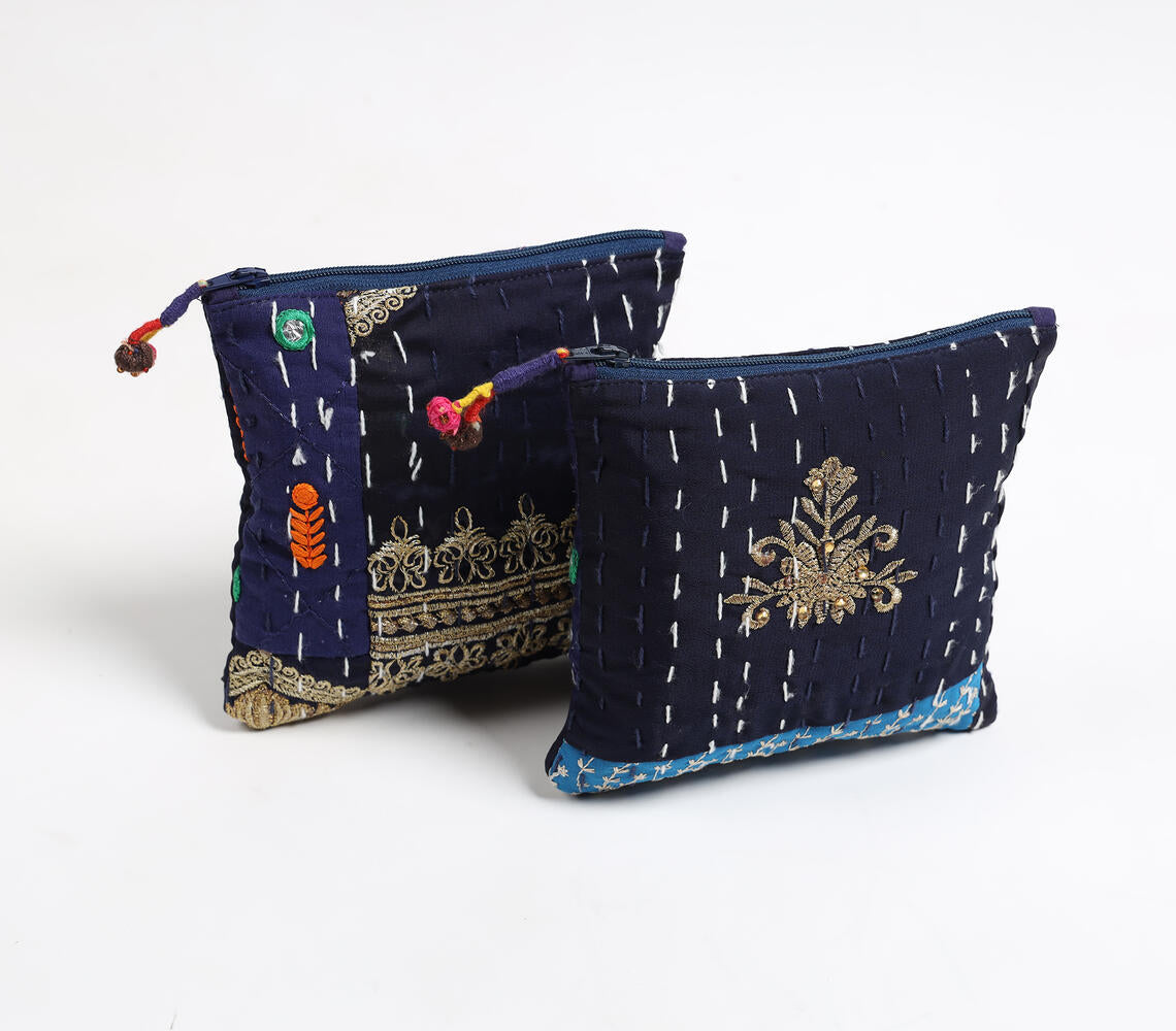 Upcycled Fabric Patchwork Pouches with Kantha Embroidery (set of 2)