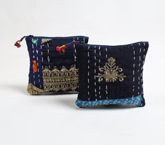 Upcycled Fabric Patchwork Pouches with Kantha Embroidery (set of 2)