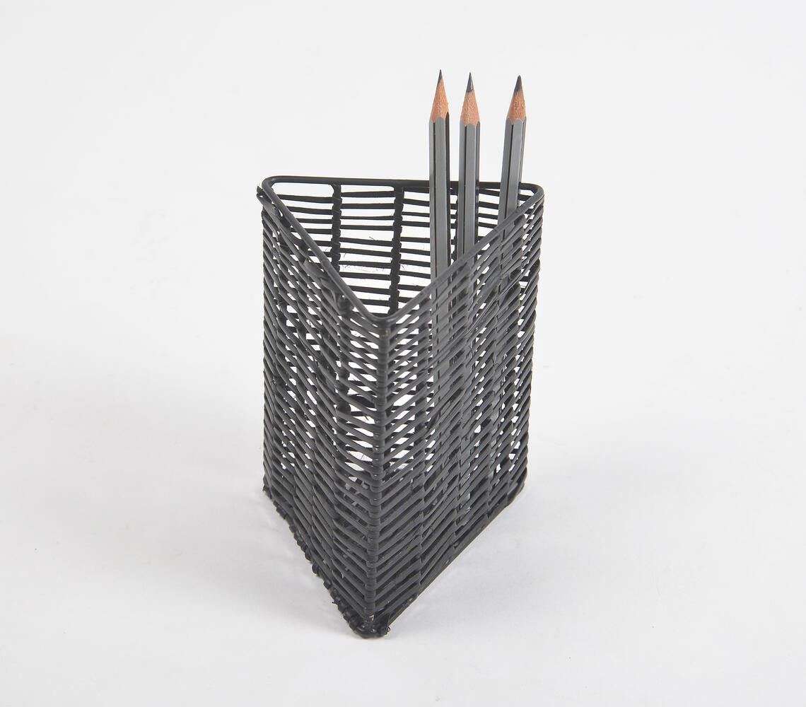 Handwoven Cane & Iron Black Triangle Pen Stand