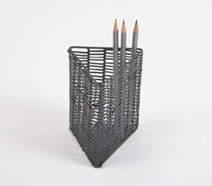 Handwoven Cane & Iron Black Triangle Pen Stand