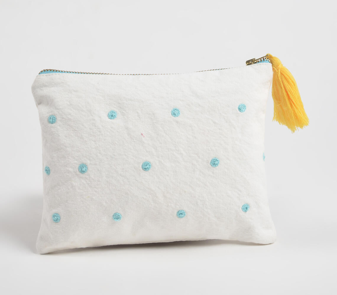 Embroidered Blue Dots Cotton Travel Pouch