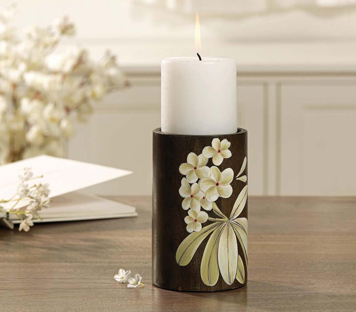 Hand Painted Frangipani Wooden Candle Holder (Large)