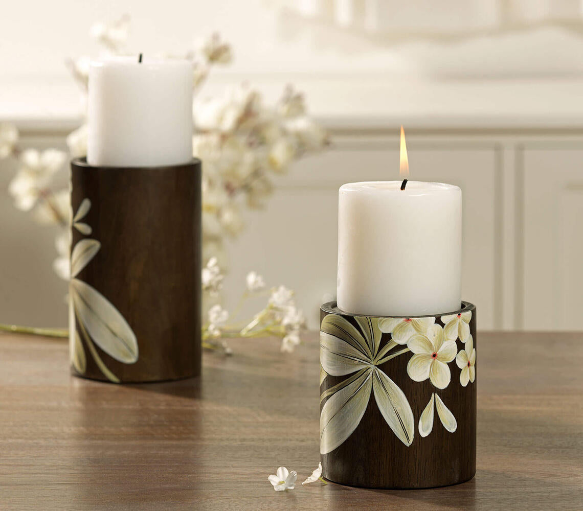 Hand Painted Frangipani Wooden Candle Holder (Small)