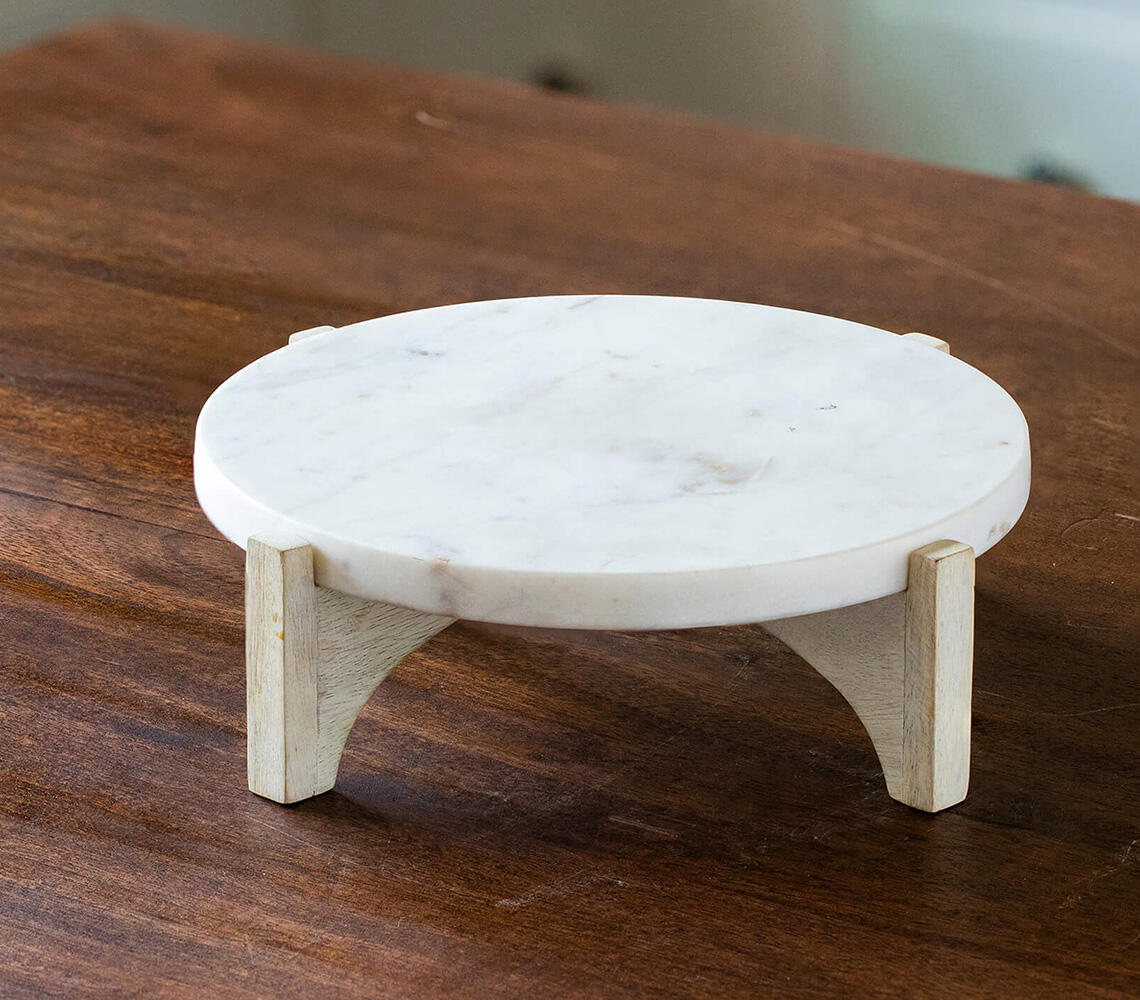 Hand Painted White Marble Cake Stand with Wooden Base