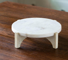 Hand Painted White Marble Cake Stand with Wooden Base