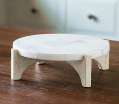 Hand Painted White Marble Cake Stand with Wooden Base