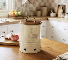 Hand Cut Egg Shell Metal Onion Storage Bin with Wooden Lid