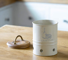 Hand Cut Egg Shell Metal Onion Storage Bin with Wooden Lid