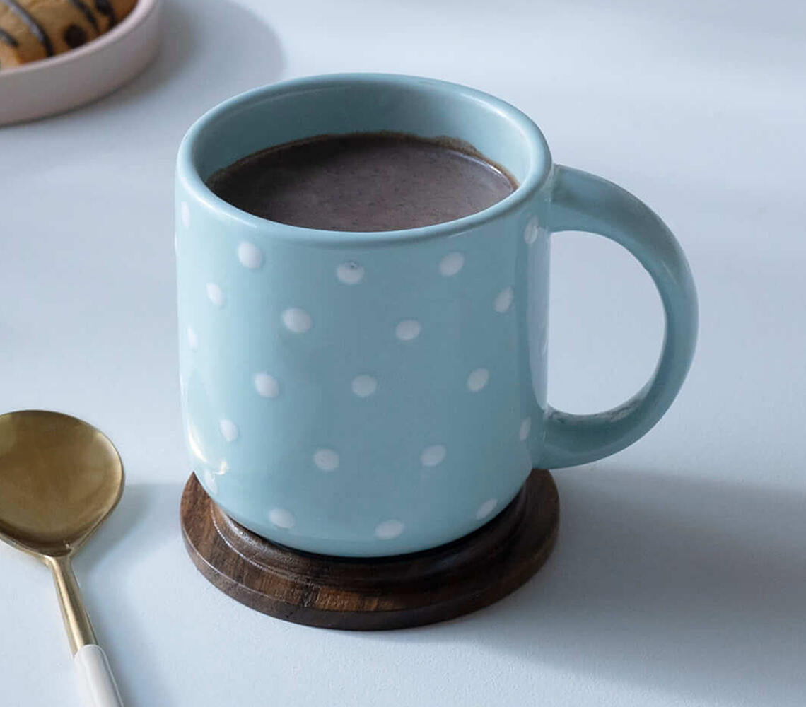 Polka-Dot Ceramic Mug with Wooden Lid