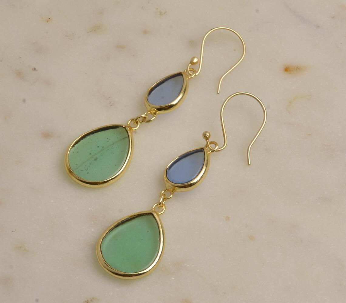 Green Glass Gold-Toned Brass Earrings