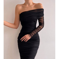 Seductive Mesh Patchwork One-Shoulder Backless Dress